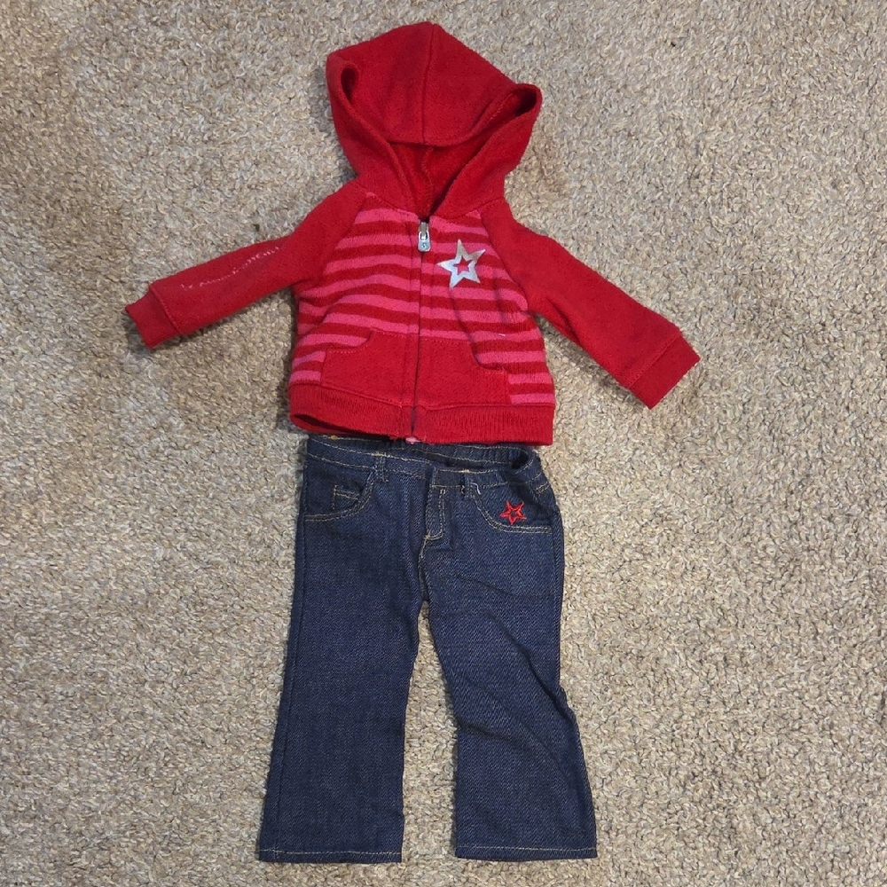 American Girl Red Hoodie and Blue Jeans Set